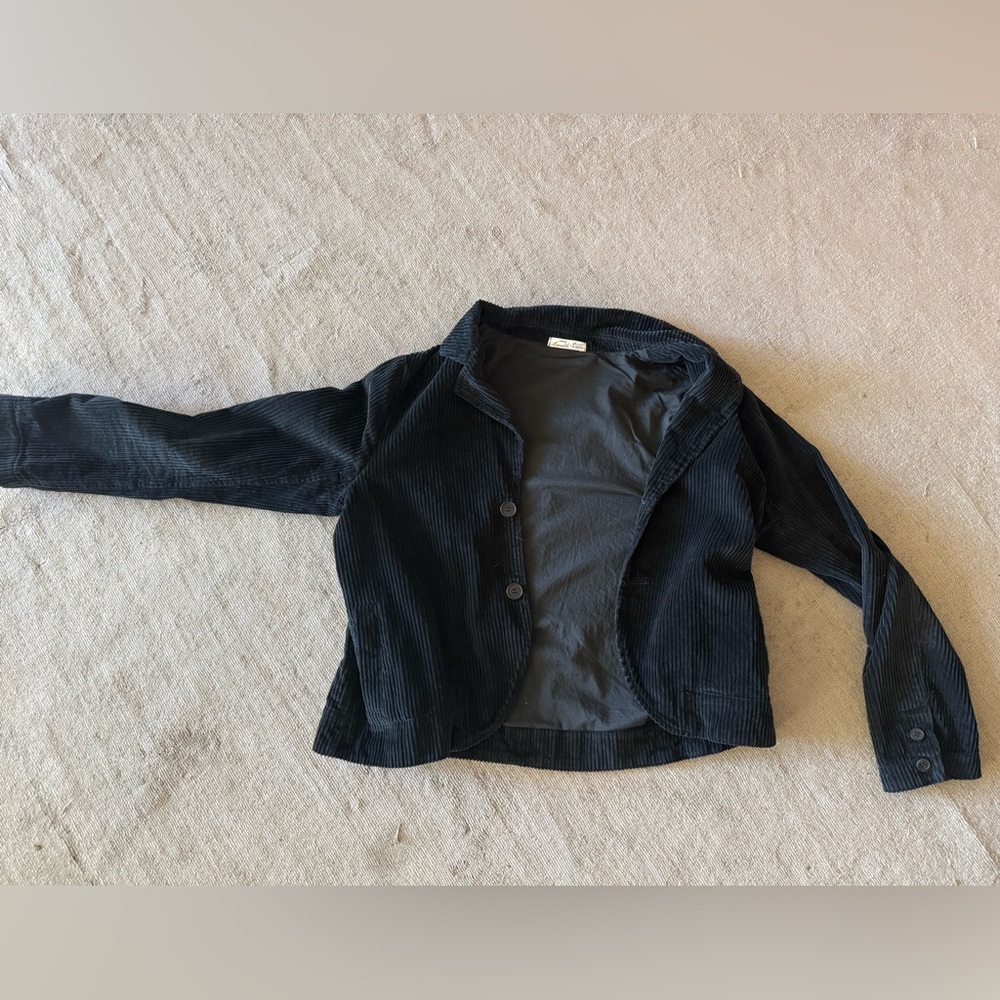 CP Shades Black / Dark Teal Corduroy Button-Up Lined Crop Blazer